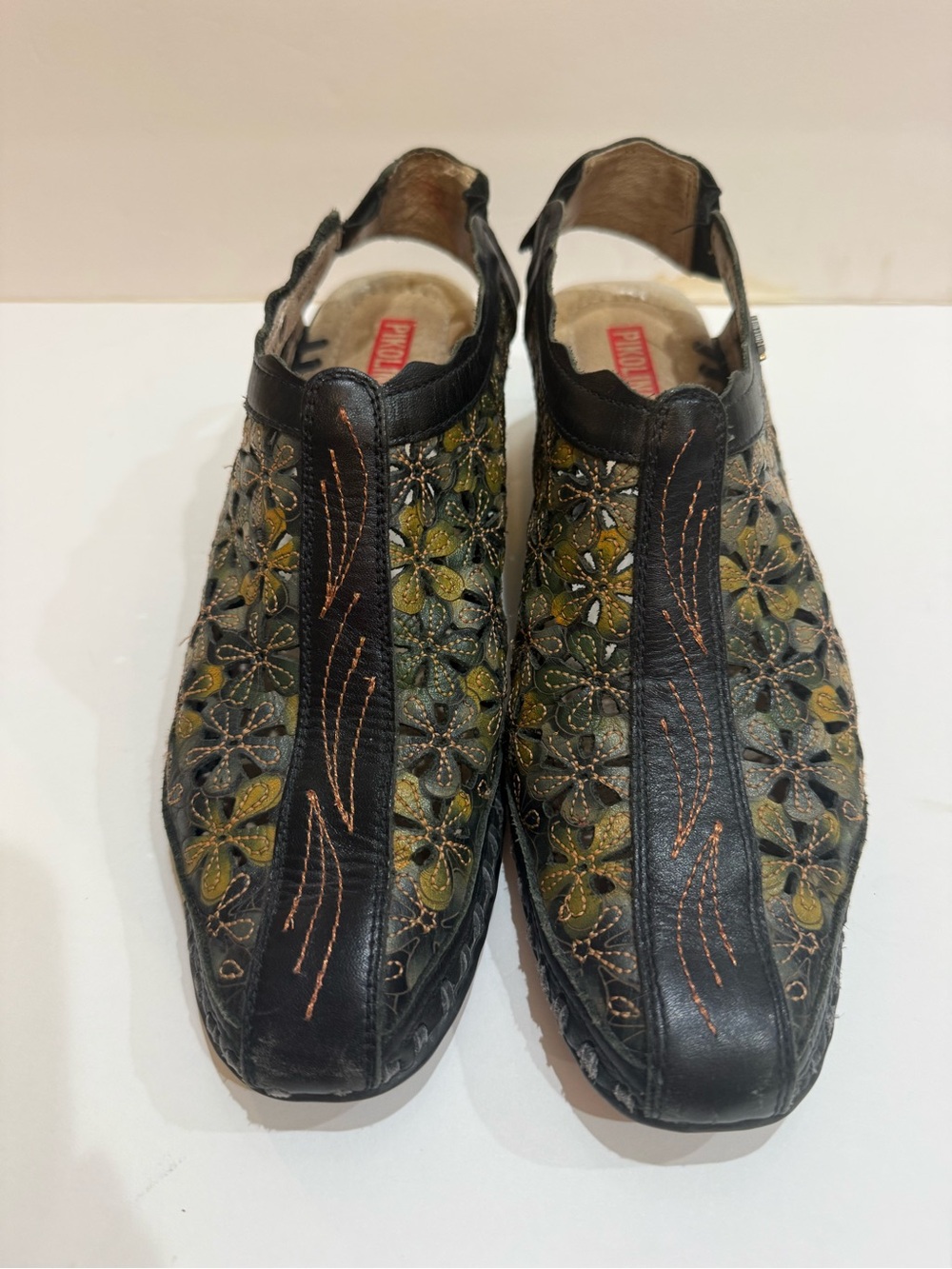 Pikolinos Perforated Leather Mules Women 38 (7.5) 2 In Heel Elastic Back Strap